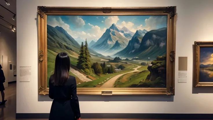 A woman is looking at a painting, Standing Alone、Rear view、On the walls of the museum、Beautiful paintings depicting magnificent landscapes are on display.、8k、Best Quality、High image quality、masterpiece、wallpaper、