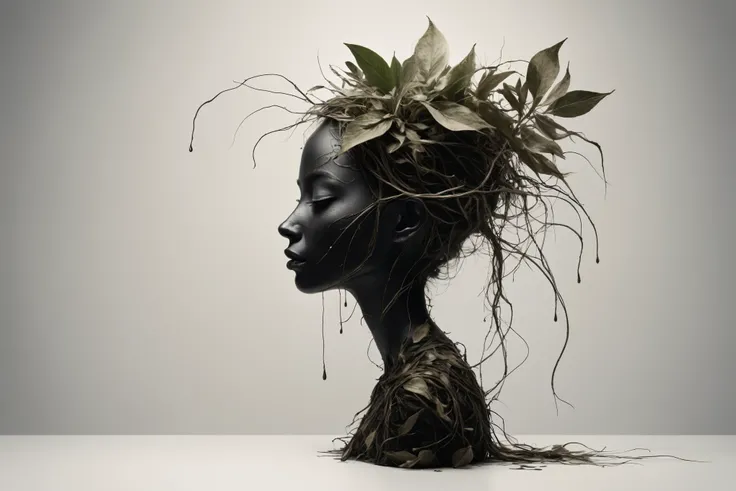 Create a simple and elegant bailong plant girl made of dead plants, logo, shedding tears. The design should convey a strong sense of sadness and melancholy, using a minimalist approach with clear lines, nicola samori,ben templsmith,Irina Yermolova