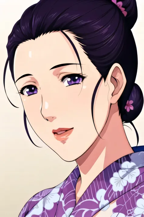 Simple Background,White Background,
purple kimono,floral print,japanese clothes,wide sleeves,long sleeves,
cleavage,
purple eyes, black hair,bangs,hair bun,
1 girl,Young female,Beautiful long legs,Beautiful body,
Beautiful Nose,Beautiful character design,...
