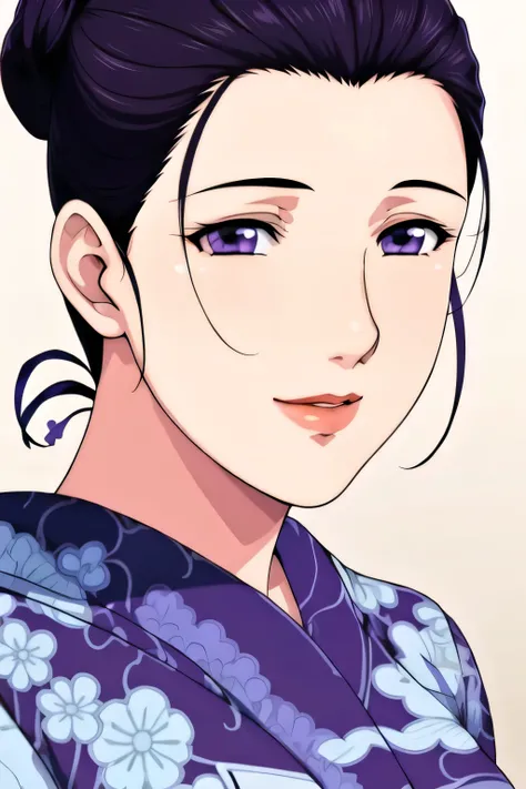 Simple Background,White Background,
purple kimono,floral print,japanese clothes,wide sleeves,long sleeves,
cleavage,
purple eyes, black hair,bangs,hair bun,
1 girl,Young female,Beautiful long legs,Beautiful body,
Beautiful Nose,Beautiful character design,...