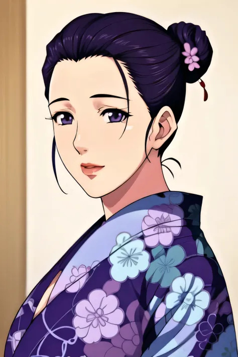 Simple Background,White Background,
purple kimono,floral print,japanese clothes,wide sleeves,long sleeves,
cleavage,
purple eyes, black hair,bangs,hair bun,
1 girl,Young female,Beautiful long legs,Beautiful body,
Beautiful Nose,Beautiful character design,...
