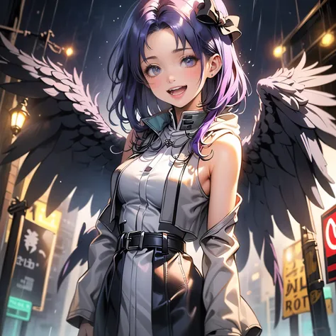 (masterpiece), best quality, expressive eyes, perfect face, purple hair, long hair, misato katsuragi, ((halfbody, upper body only : 1.2)) (front facing, facing viewer) 1girl, bird girl, (duck girl), yellow ((feathered wings : 1.2)), yellow duck tail, short...