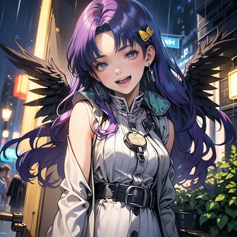 (masterpiece), best quality, expressive eyes, perfect face, purple hair, long hair, misato katsuragi, ((halfbody, upper body only : 1.2)) (front facing, facing viewer) 1girl, bird girl, (duck girl), yellow ((feathered wings : 1.2)), yellow duck tail, short...