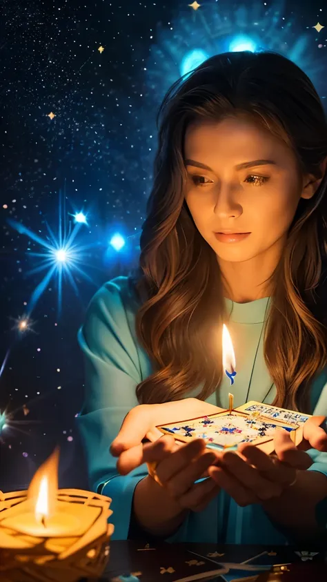 A veteran tarot reader, a middle-aged woman, is calmly spreading tarot cards in a serene atmosphere. She has an expression rich in knowledge and experience, with her long hair elegantly gathered. Surrounding her are mystical candles, crystals, and a colorf...