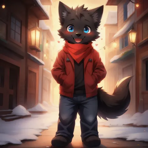 black wolf, boy, Cuteness, blush, happy face, Blue eyes, red jacket, jeans, scarf, Standing, Barefoot,