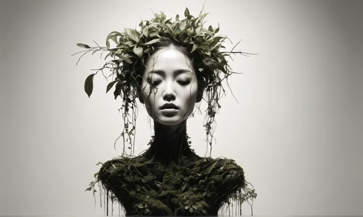 Create a simple and elegant bailong plant girl made of dead plants, logo, shedding tears. The design should convey a strong sense of sadness and melancholy, using a minimalist approach with clear lines, nicola samori,ben templsmith,Irina Yermolova