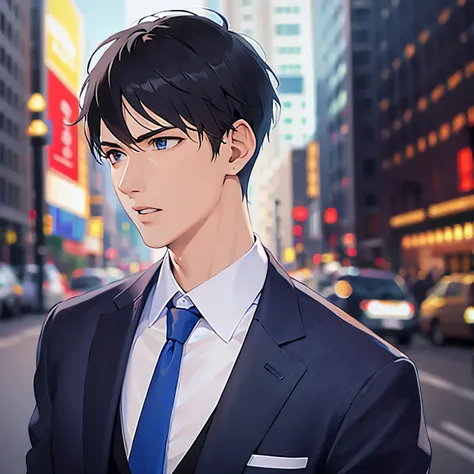 upper body、profile、
shiny skin, masterpiece、Best Quality、(2 male:1.5) and (Black short hair) and (blue eyes), 
 (Wearing a suit:1.5) and (Blue tie)、
serious,open mouth,The background is a busy street、(alone:1.5)