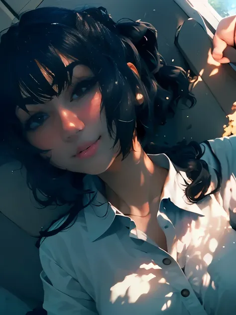 pichika,1girl,solo, sunlight, collared shirt, upper body,