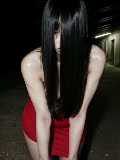 (masterpiece:1.1, Best Quality:1.1, 16K HDR, High resolution), (1girl in, Solo), professional lighting, cinematic lighting, RAW photo, Ultra-realistic & detailed portrait of Sadako Yamamura, the ring, Black hair, female ghost, ((((extremely Long hair, extr...