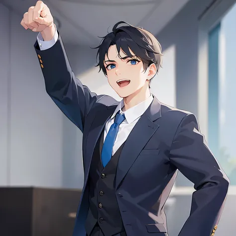 (looking away:1.5),side angle,upper body、fist pump：1.5、
shiny skin, masterpiece、Best Quality、(2 male:1.5) and (Black short hair) and (blue eyes), 
 (Wearing a suit:1.5) and (Blue tie)、
smile,open mouth,The background is the conference room、(alone:1.5)