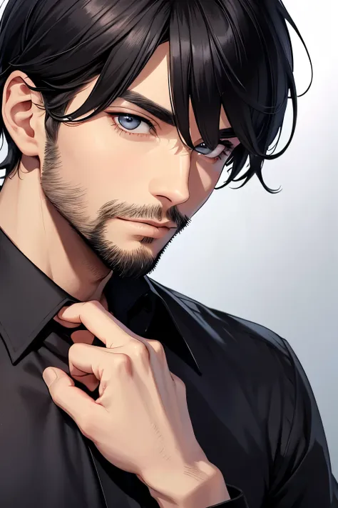 Best Quality、masterpiece、male、good looking、1人male、Muscular、Thin beard on chin and mouth、、Black Hair（Short Hair）、Left parted bangs、Dark Eyes、Black dress shirt、Upper Body、Face close up