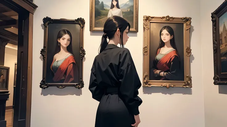 A woman is looking at a painting, Standing Alone、Rear view、On the walls of the museum、Beautiful classical paintings on display、8k、Best Quality、High image quality、masterpiece、wallpaper、