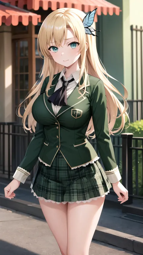 masterpiece, best quality, highres, aasena, long hair, hair ornament, large breasts, black neckerchief, blazer, green jacket, long sleeves, plaid skirt, green skirt, standing, cowboy shot, outdoors