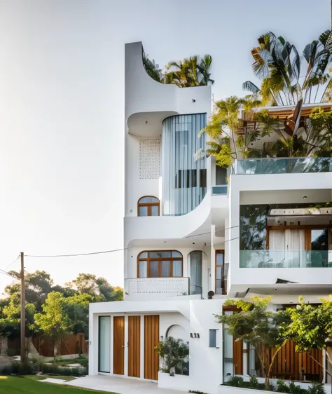 Modern house, white , with curved wood accents, with glass doors and gates, morning pictures 