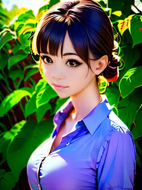 pichika,1girl,solo, sunlight, collared shirt, upper body,