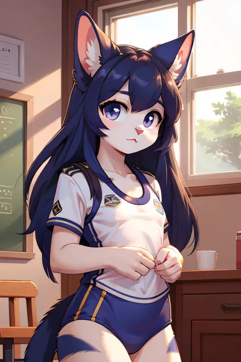 One girl, solo, High resolution, Cat Beastman,Long Hair, Round face、Big Eyes、Navy blue school swimsuit、Animal Ears, 