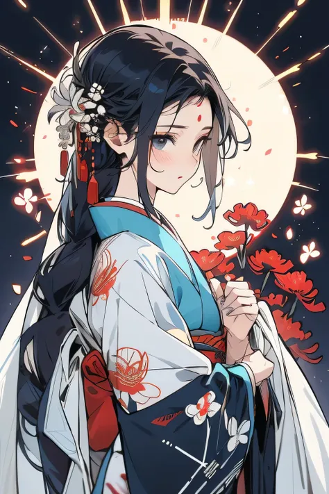 She wears long clothing that looks like the mix between the traditional Japanese Kimono and the Chinese Hanfu with spider lily flower patterns on it. She has a white veil covering her head until her eyes. She has the Japanese kanji "Youkai" written on her ...