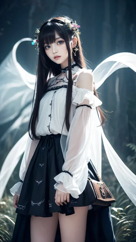 ②）Create an ultra-realistic 8K resolution image of a character inspired by the banshee, transformed into a slender ultimate moe (萌え) character. She retains the banshees ghostly features, such as her pale, translucent skin and ethereal, flowing hair, but th...