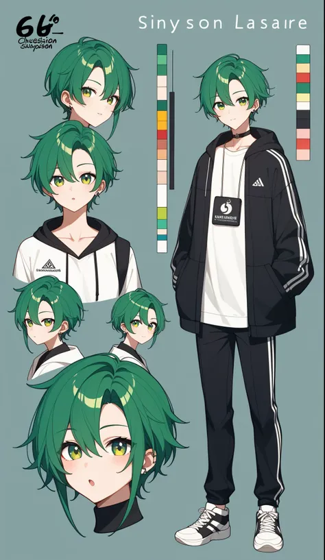 (masterpiece、Best Quality:1.2)、single、whole body、Front、Character Sheet、Droopy eyes、nice、Quiet、White shirt、pants、hoodie、High quality anime art、Character Sheet、character design、sneakers、Green Hair、male、student、Front、whole bodyデザイン、Chestnut-like mouth、Half Up...