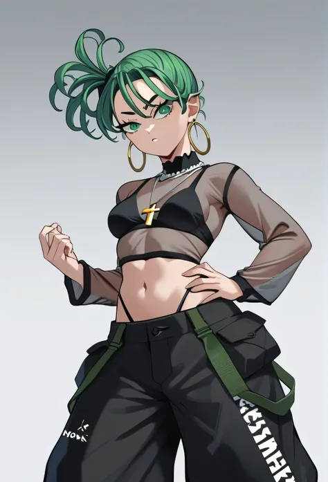 tatsumaki,green hair,curly hair,green eyes short hair,medium breast ,Side Ponytail, black bra, long sleeves, mesh crop top, baggy pants,black pants,
highleg panties , earrings,hoop earrings,cross necklace,jewelry,poese.medium breasts
High Resolution, Maste...