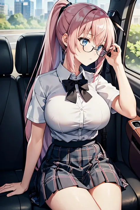 1girl, Solo, Sitting in the car, looking away,glasses, ponytail,Long Hair, pink hair,bangs,High Resolution, blue Eyes, Best Quality, Masterpiece, White shirt, short sleeve shirt, black plaid skirt, Black tie,, short skirt,,big breast 