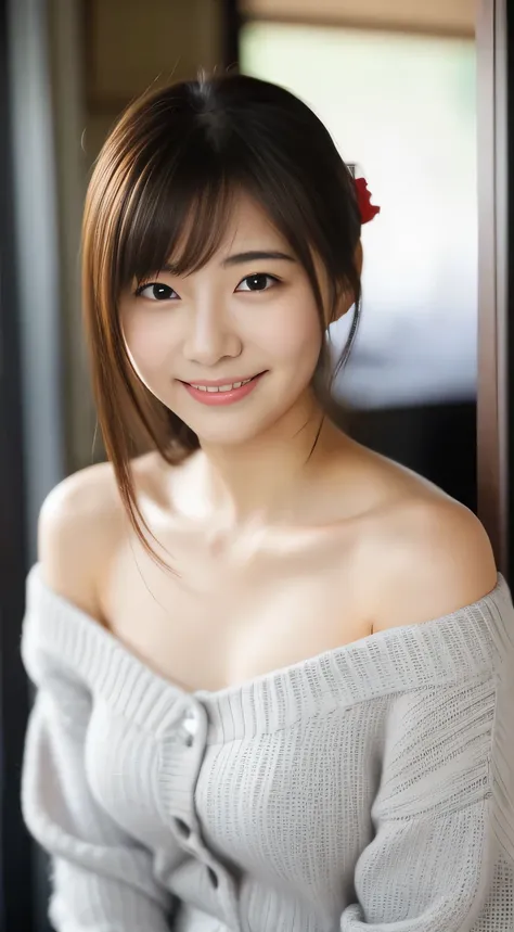 masterpiece,best quality,(Japanese girl),((Beautiful girl)),cleavage,(off shoulder:1.2),(perfect body beauty:1.2),(shy smile),From slightly above