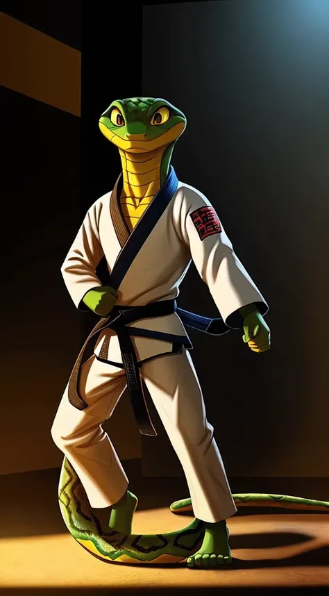 a cartoon cinematic-style image of a (((snake))) character wearing a realistic (Brazilian kimono) with some black spots, dressed as a ((black belt Brazilian jiu jitsu fighter)) The scene should be tense and dramatic, with the snake expression focused and d...