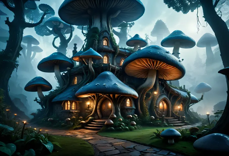 "A magical house in the style of Morrowind, surrounded by alien landscapes with massive mushrooms, twisted trees, and a mystical atmosphere, the house has an ancient and mystical architecture with curved, organic shapes, resembling dark elven structures. T...