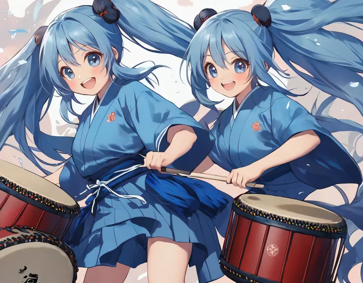 anime girls, light blue long hair、twin tails、playing the japanese drums、smile、