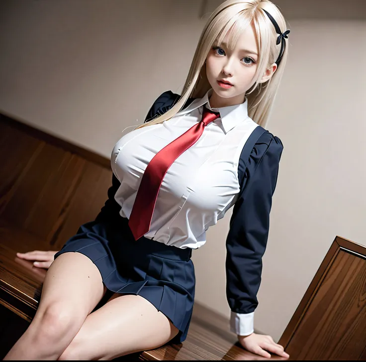 8K quality, Masterpiece, Bright lighting without shadows, Small waist super busty girl, (Her clothes are stretched tight because of her huge breasts:1.2), Whitening skin, Platinum Blonde, Bright, sparkling blue eyes, Schoolgirl uniform, (Crimson ribbon tie...