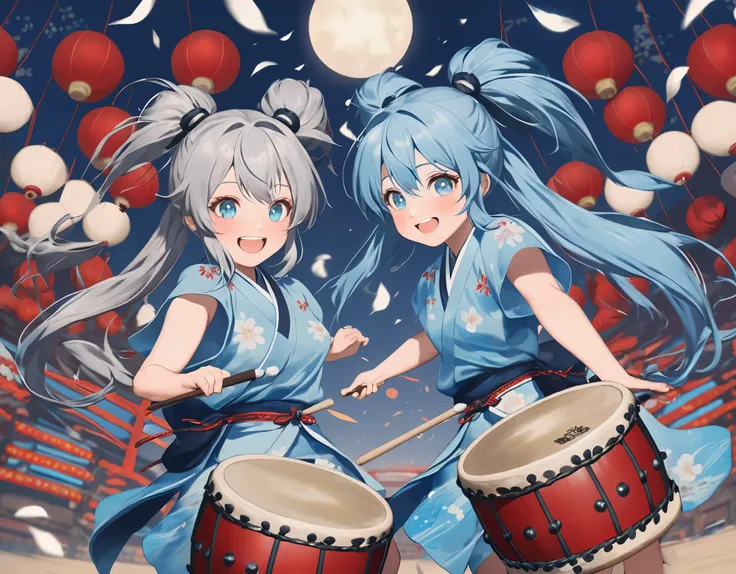 anime girls, light blue long hair、twin tails、playing the japanese drums、smile、