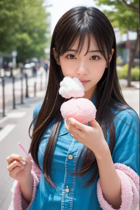 A lovely Japanese girl eating cotton candy