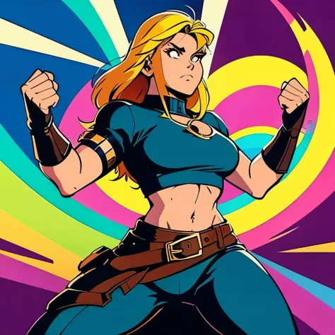 1980s rock band cover of a viking shield maiden, 1980s action cartoon style, power pose, rainbow colors