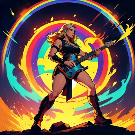 1980s rock band cover of a viking shield maiden, 1980s action cartoon style, power pose, dynamic pose, realistic shading, rainbow colors, fire and ice