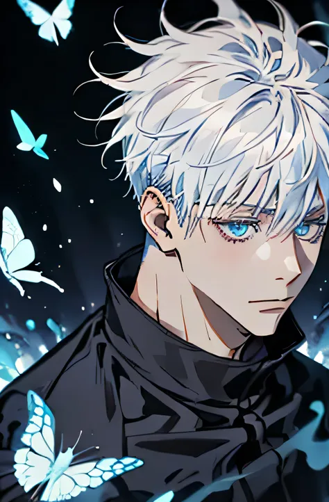 (Absurd, High resolution, ultra detailed, High resolution, Super detailed, High resolutionHigh resolution) masterpiece, Best Quality, 1 male, Perfect Face, Delicate features, Satoru Gojo, White messy hair, Short Hair, Expressive blue eyes, Aquamarine Eyes,...