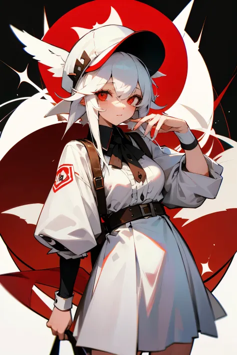 Goat, red eyes, white hair, shepherdess, maid costume, trucker cap
