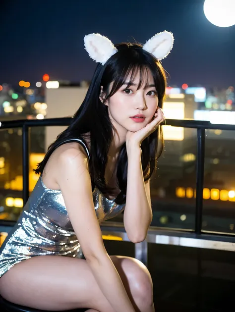 Photorealistic scene, like a movie still, of young Japanese female idol (25) in classic bunny girl costume, seated on edge of skyscraper rooftop. Upper body framed, face turned to camera with mysterious smile. Long hair and bunny ears silhouetted against e...