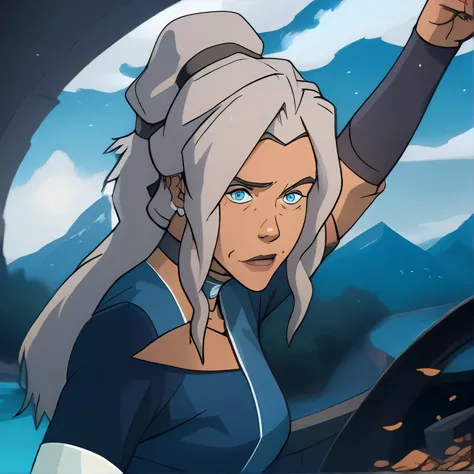 high resolution, reality, looking at the viewer, blue eyes, grayish white hair, Kya, avatar character the legend of korra.