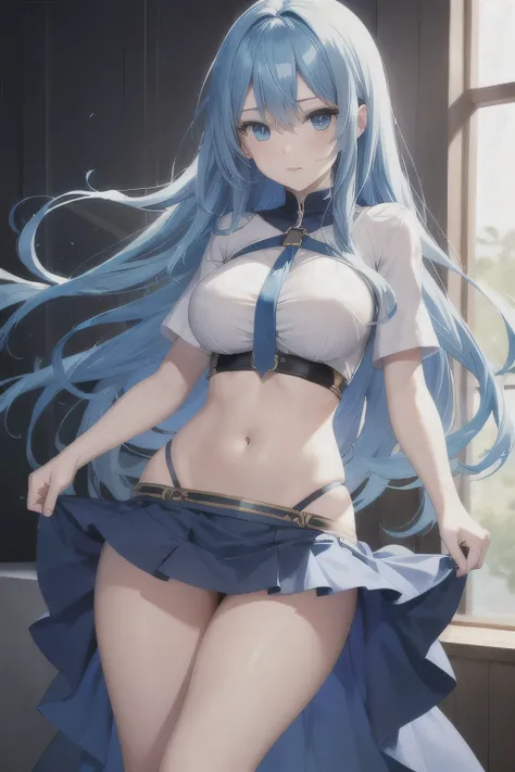 1 ,  high resolution, blue hair, blue eyes, perfect body, hourglass body, skirt