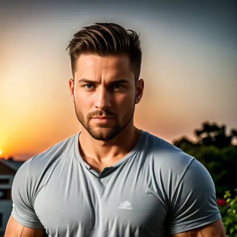 1man, A lateral medium shot of a charismatic male fitness model, 30 years old，small beard, upset expression，gloomy eyes，Blue eyes, captured in a garden, wearing a t-shirt, grey pants, golden hour lighting, cinematic and moody, (best quality,4k,8k,highres,m...