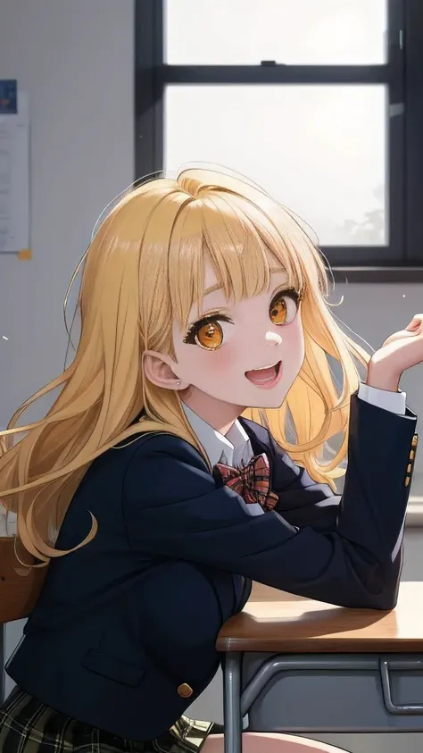 1girl, romantic academia, (masterpiece, best quality, ultra-detailed:1.2), short, glamorous, pale skin, 
(big eyes:1.3), (droopy eyes:1.3), (orange eyes:1.1), happy, laughing, BREAK, 
20yo, long sleeves, school uniform, blown blazer, navy skirt in plaid sk...