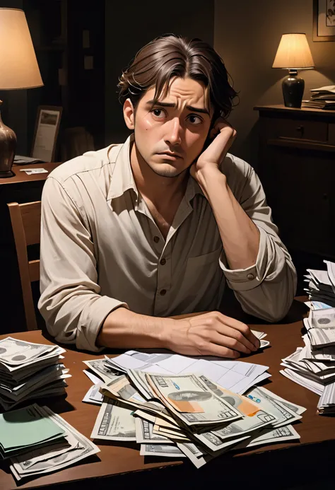 man in his 30s, with a worried face, sitting alone at a messy table with papers and bills in hand. He wears a light-colored long-sleeved shirt, She has brown hair, , and marked dark circles. The atmosphere is a simple living room with dim lighting..