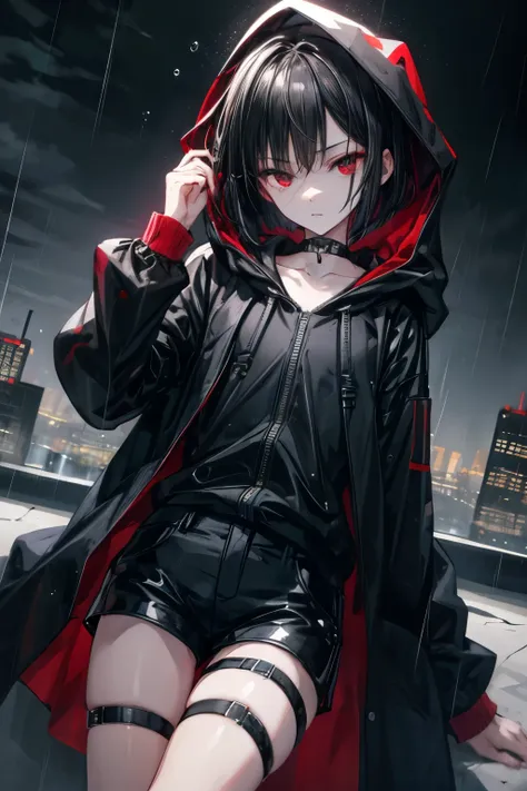 ((Best quality)), ((masterpiece)), (detailed), Perfect face, Alone, 1 BOY, Shota, anime, beautiful detailed eyes, Night City, black coat, black shorts, BOB HAIR, Black hair, just play, Thigh Strap, rain, Choker, bare thighs, Expressionless, hood, red eyes
...