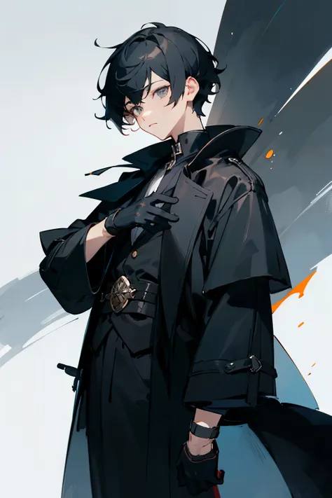 ((Best Quality)), ((masterpiece)), (detailed), black coat men、Black Hair、Short Hair、Grey Eyes、youth、Young black gloves、The subject&#39;s eyes are shining, the background is dark, and the subject is standing with the camera looking up from below.