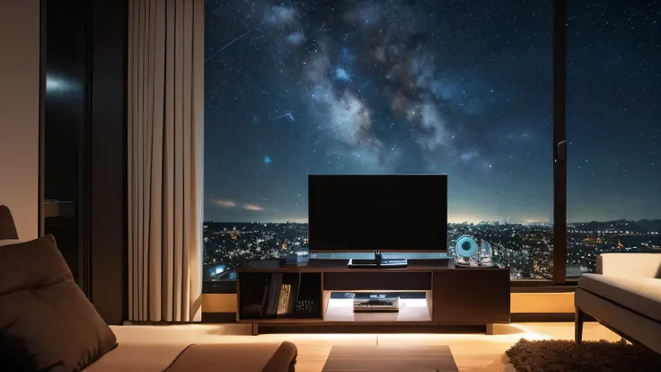 Background Image、Outside the window is a starry sky、Midnight Living Room、Connected to the bedroom、sofa、machine、Dark warm lighting、carpet、tv set、chair、kitchen