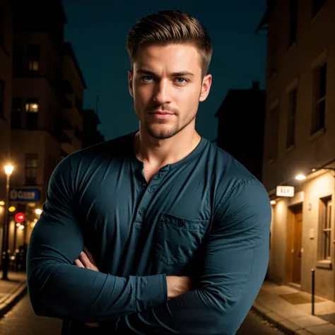 1man, A close medium shot of a charismatic male fitness model, 30 years old，small beard, Sexy and charming expression，gloomy eyes，Blue eyes, captured seen from side, smiling, in a street at night, wearing black long-sleeved shirt, night city lighting, cine...