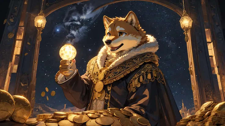 ((Best quality)), ((masterpiece)), Anthropomorphic dogs，Inspired by Shiba Inu。It holds coins，The background is the magnificent lunar surface，Show an expression of triumph and joy