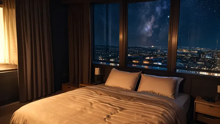 Background Image、Outside the window is a starry sky、Midnight Bedroom、Dark warm lighting、Brown Curtains、Disheveled bedding、The room is dark