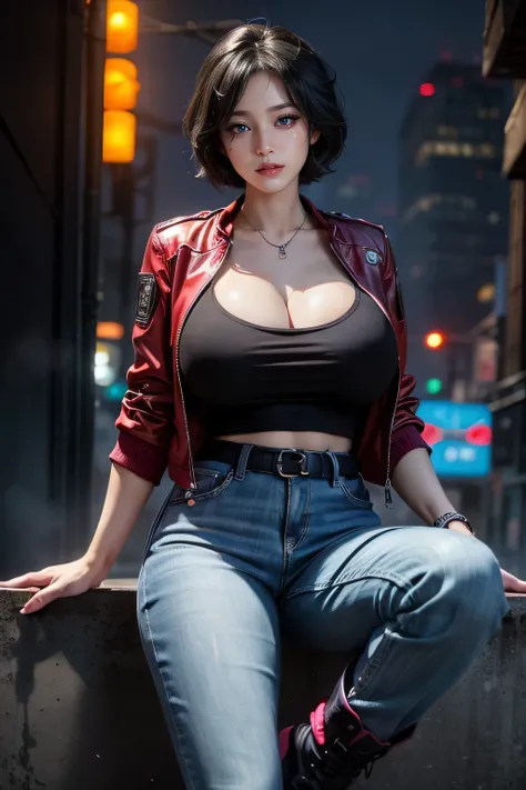 ((masterpiece,best quality, detailed)),(1girl:1.2), solo,((35 year mature woman)),((Jacket, T-shirt, Pants, Boots, Cyberpunk Style, Night City, Neon lights)),masterpiece:1.2, best quality), realistic, (real picture, intricate details, depth of field), (1gi...