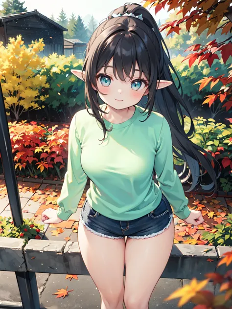 Realistic image, detailed image, coherent image, 1 little elf, turquoise eyes, black hair, very long hair, combed into a ponytail, smiling shyly, She has a curvy body, small breasts and thick thighs, She is wearing a long-sleeved shirt, tight mini shorts, ...